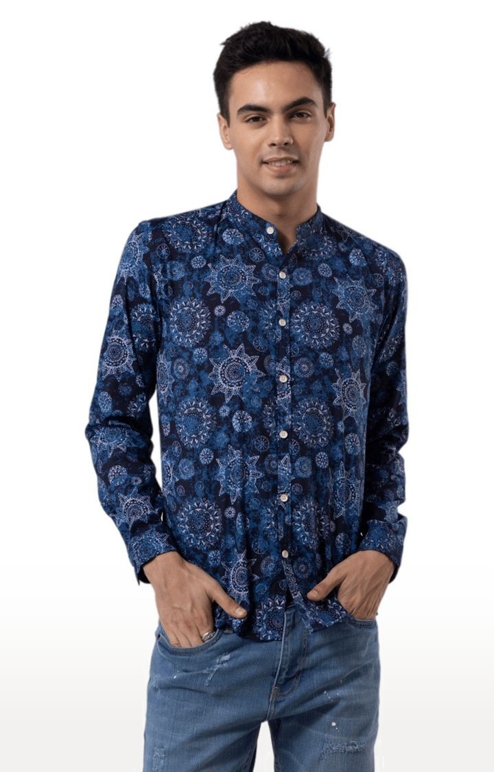 Men's Blue Cotton Printed Casual Shirt