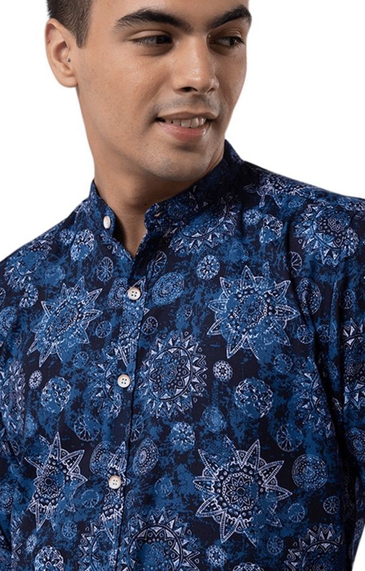 Men's Blue Cotton Printed Casual Shirt