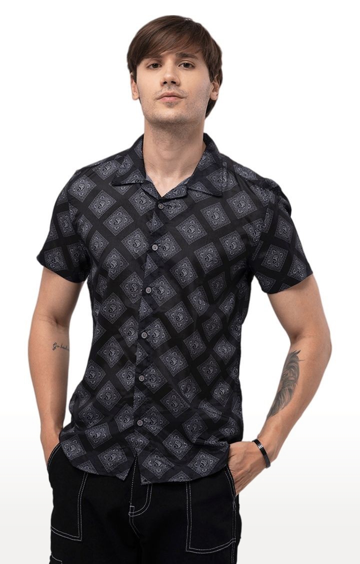 SNITCH | Men's Black Polyester Printed Casual Shirt