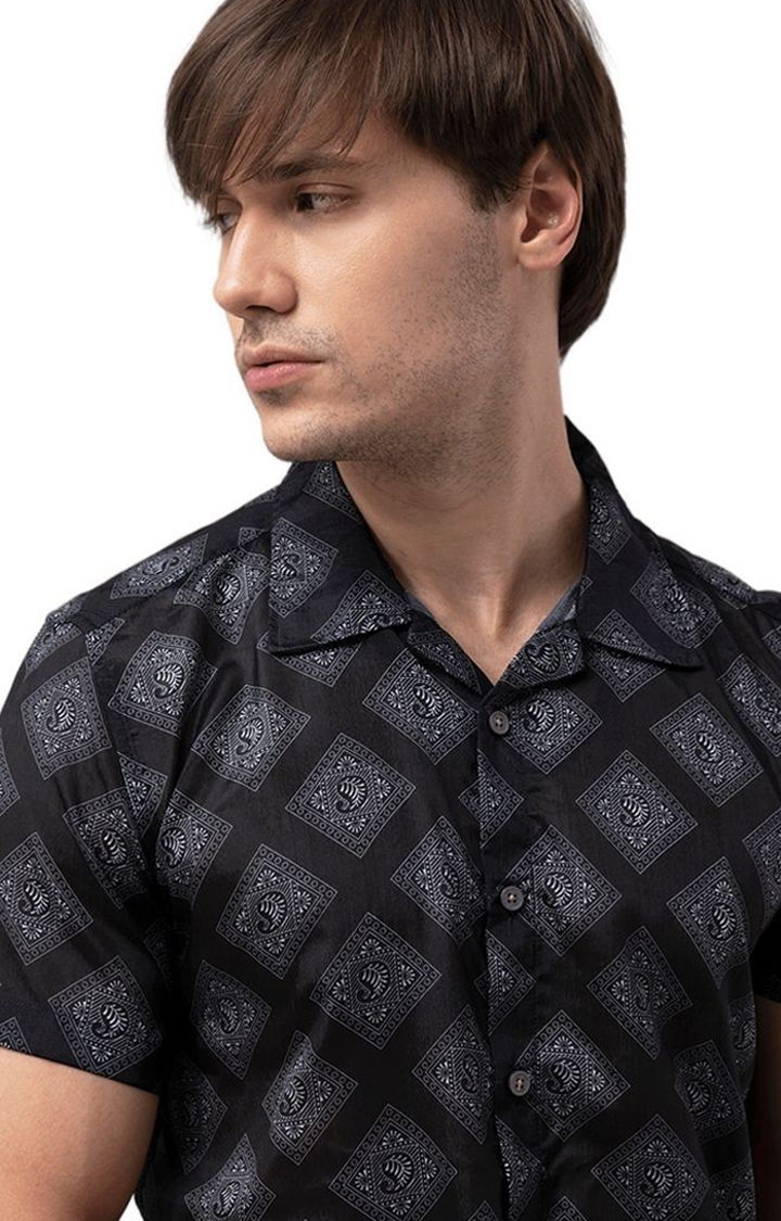 Men's Black Polyester Printed Casual Shirt