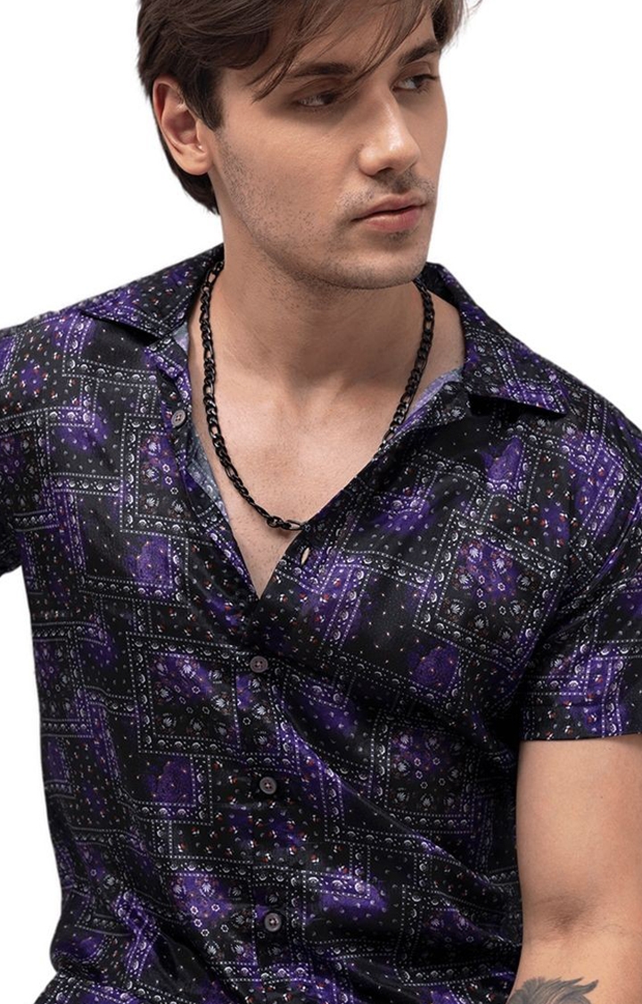 Men's Black and Purple Polyester Printed Casual Shirt
