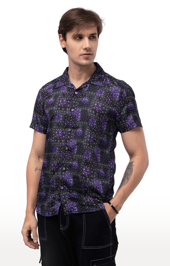 Men's Black and Purple Polyester Printed Casual Shirt