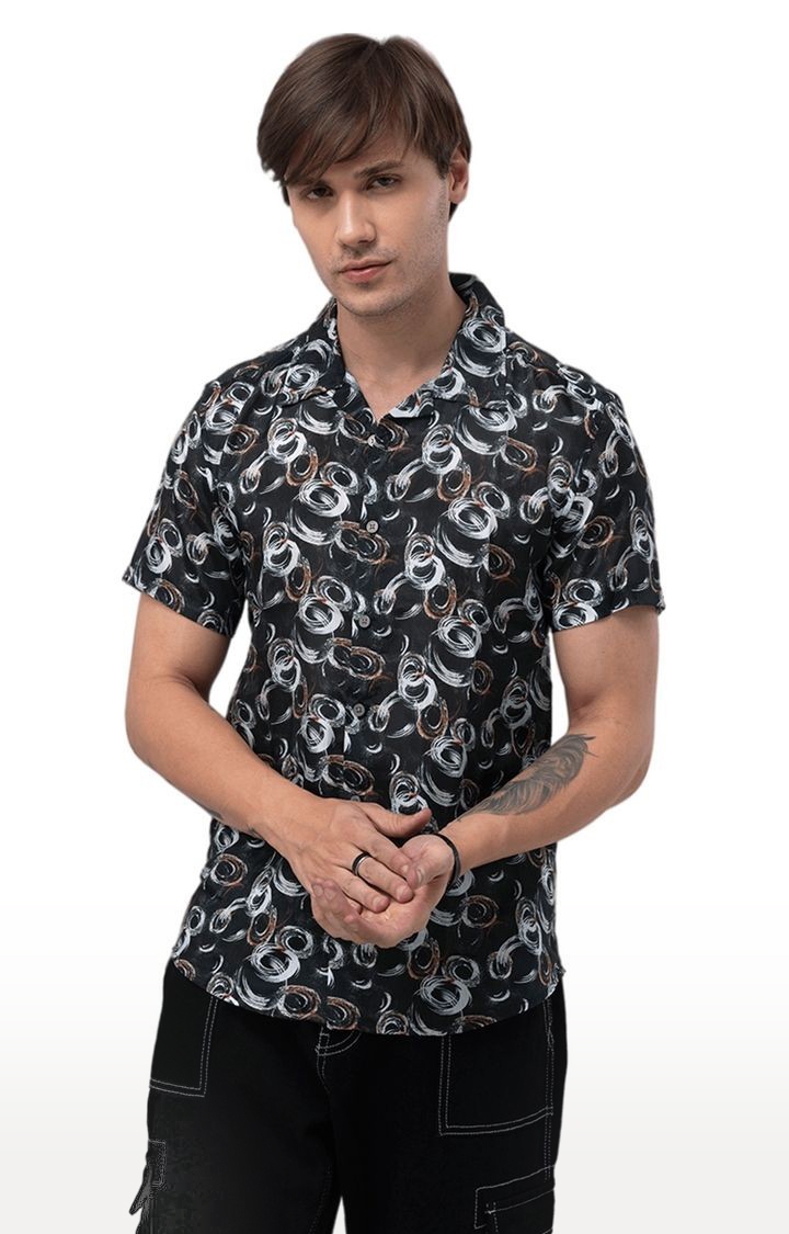 Men's Black Polyester Printed Casual Shirt