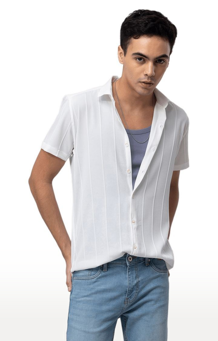 Men's White Cotton Striped Casual Shirt