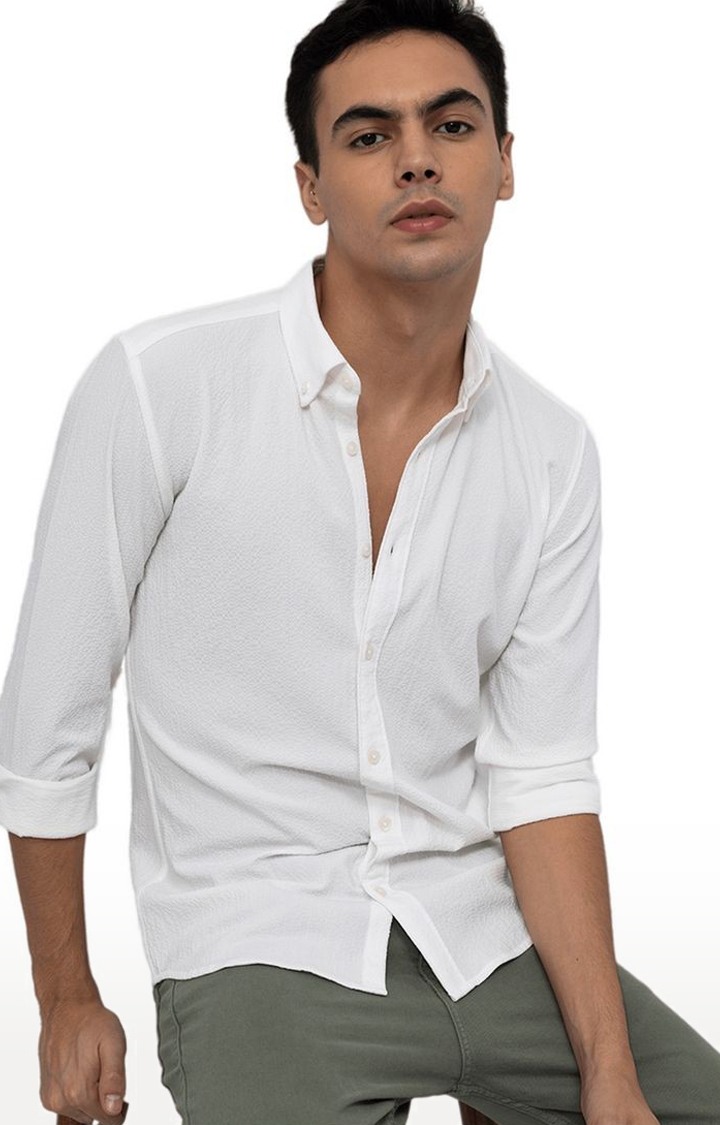 Men's White Cotton Solid Casual Shirt