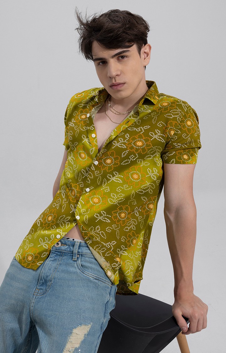 Men's Green Rayon Printed Casual Shirt