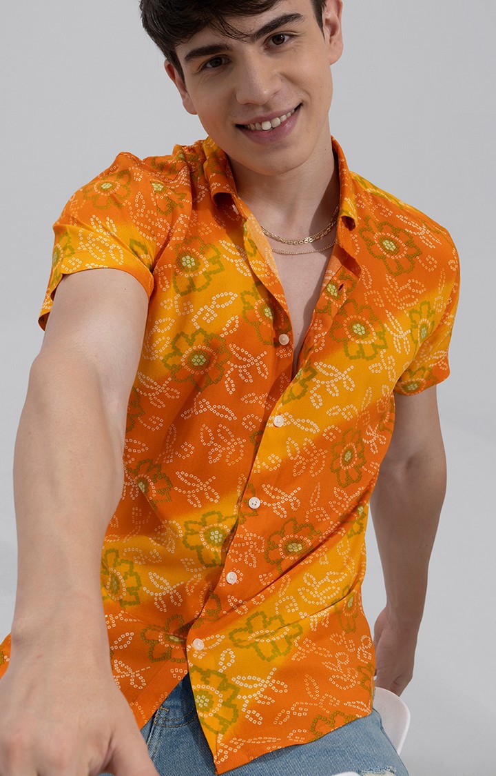 Men's Orange Rayon Printed Casual Shirt