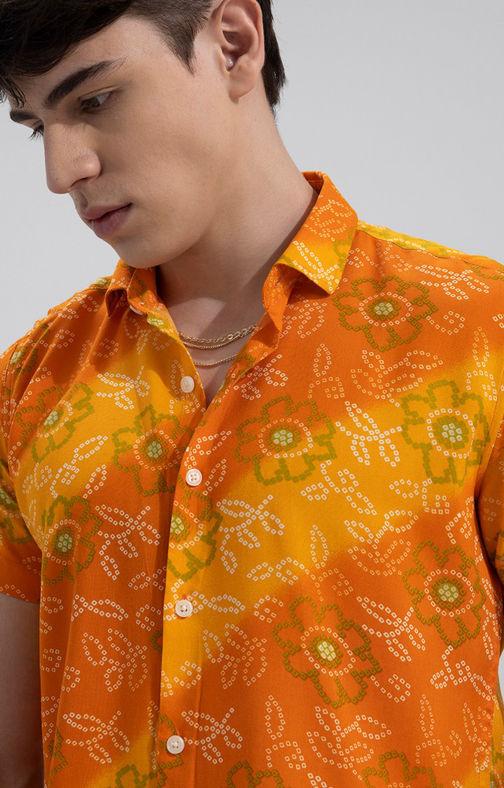 Men's Orange Rayon Printed Casual Shirt