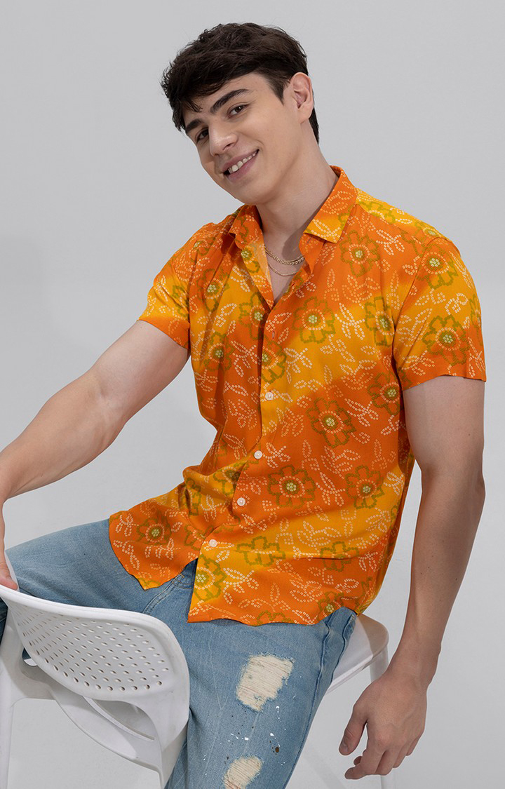 Men's Orange Rayon Printed Casual Shirt