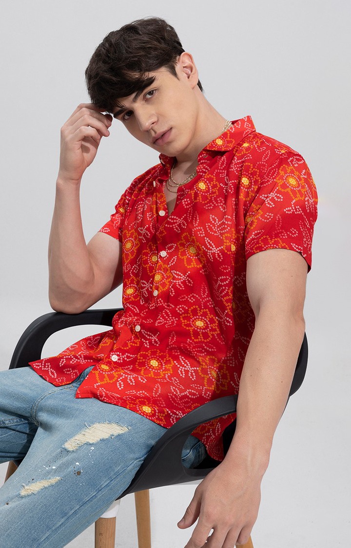 Men's Red Rayon Printed Casual Shirt