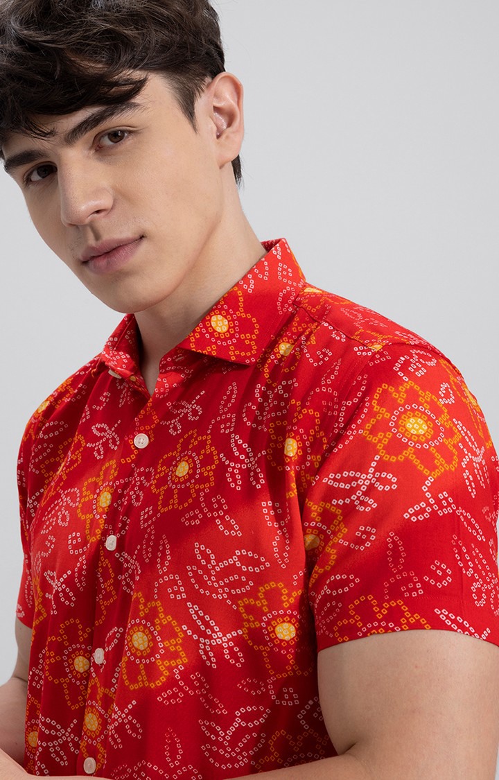 Men's Red Rayon Printed Casual Shirt