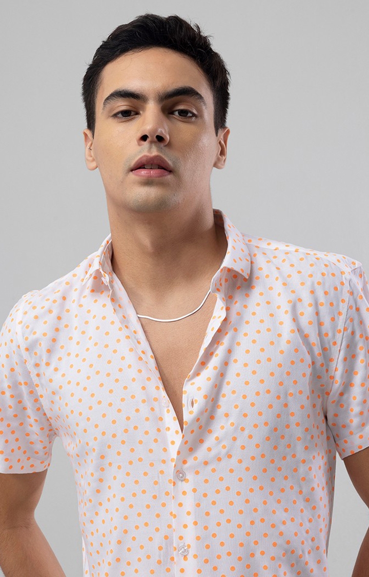 Men's Orange and White Rayon Polka Dot Casual Shirt
