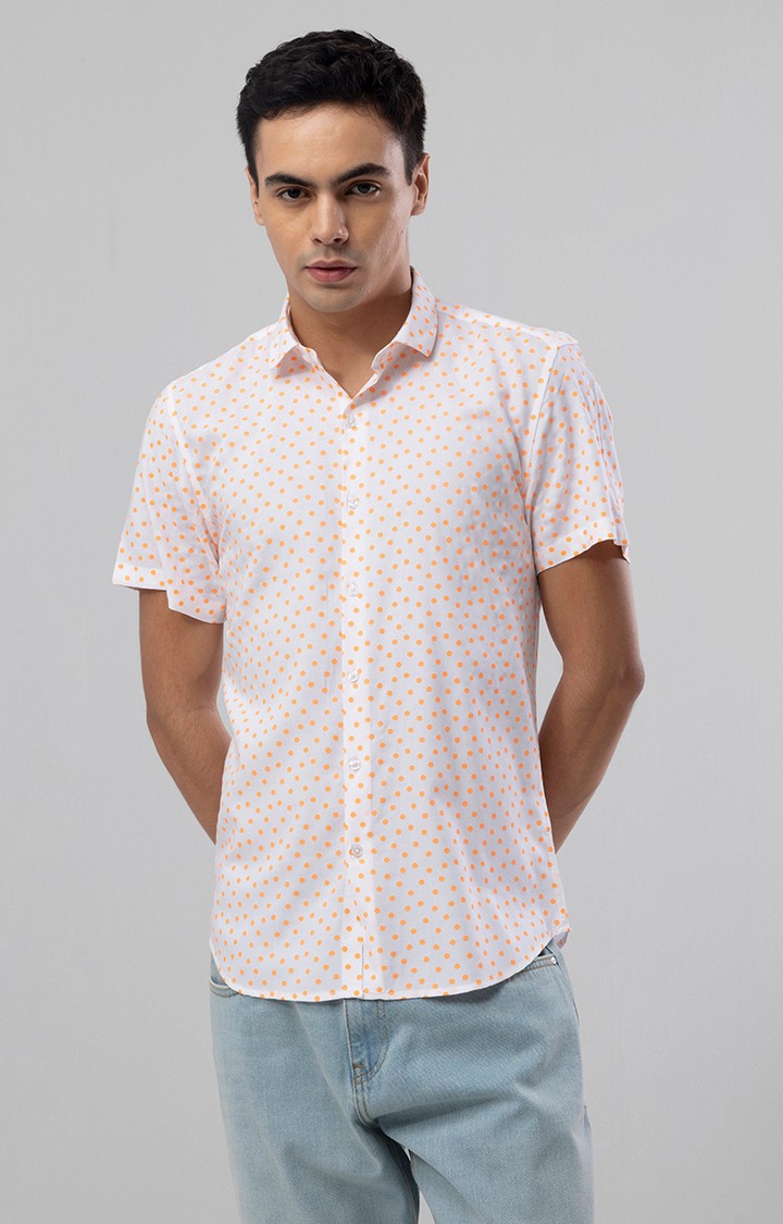SNITCH | Men's Orange and White Rayon Polka Dot Casual Shirt