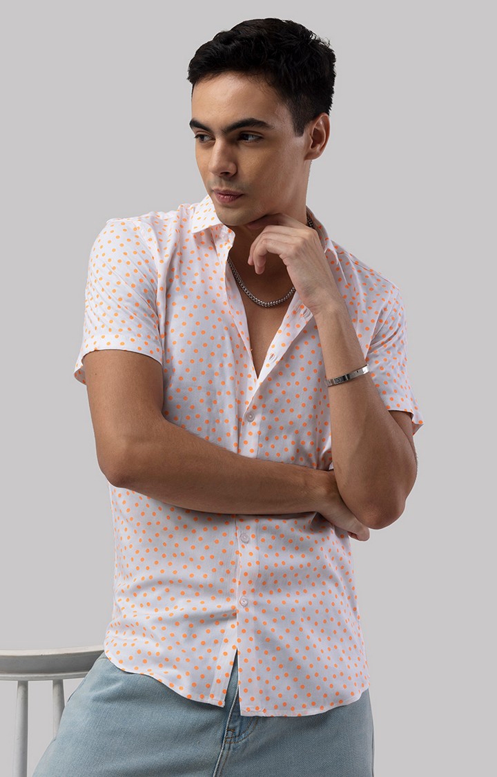 Men's Orange and White Rayon Polka Dot Casual Shirt
