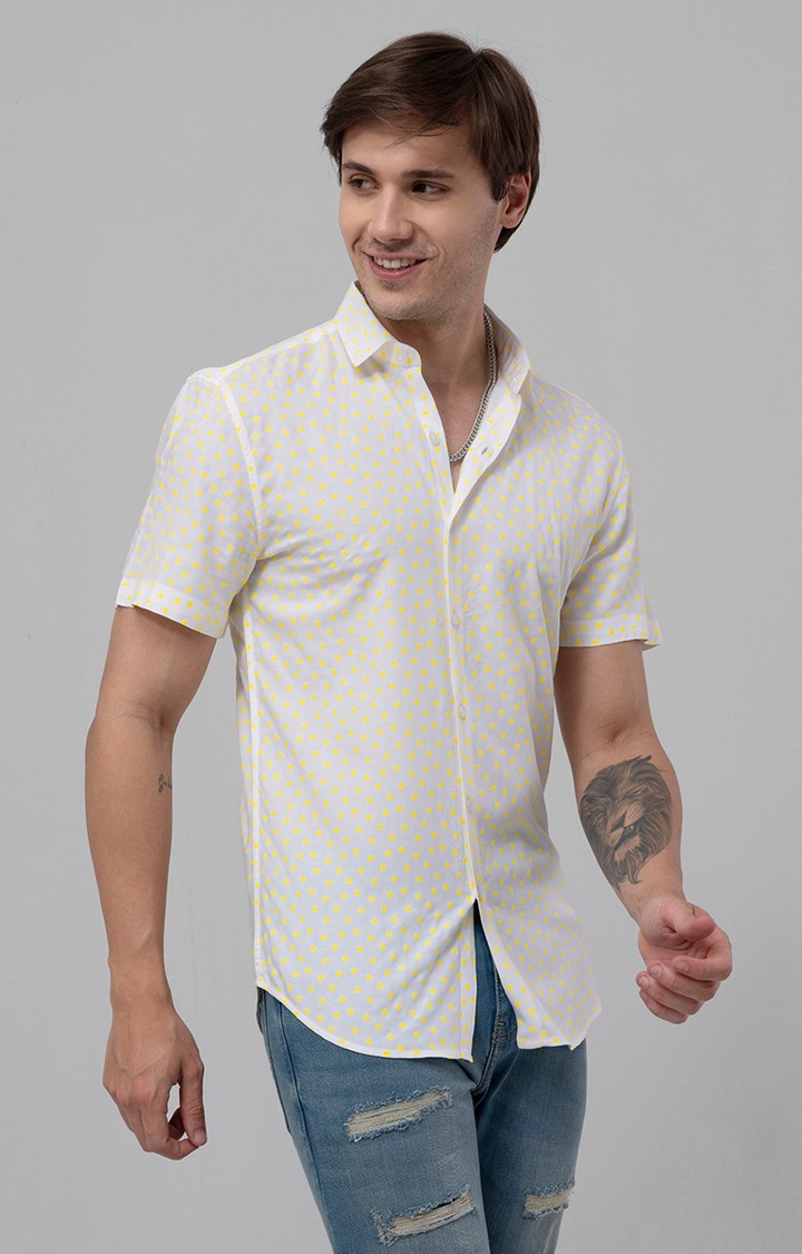 Men's Yellow Rayon Polka Dot Casual Shirt