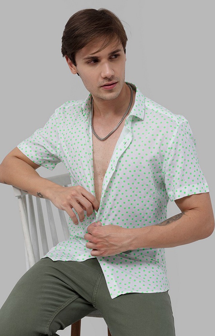 Men's Green and White Rayon Polka Dot Casual Shirt