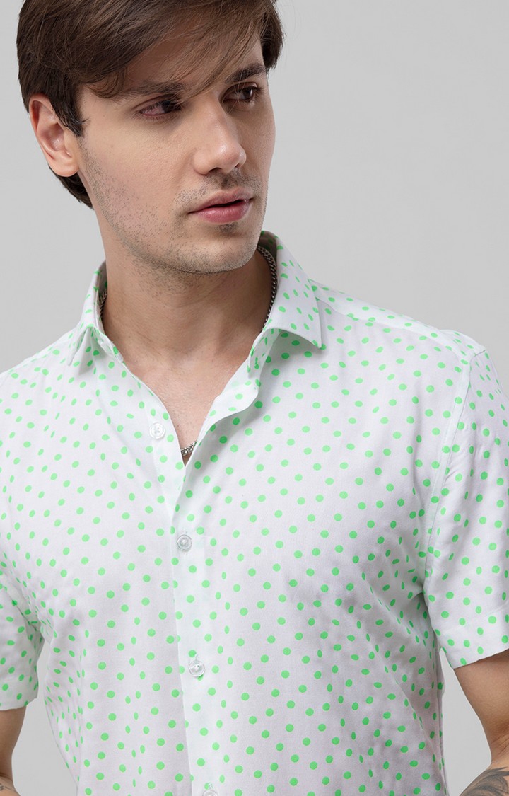 Men's Green and White Rayon Polka Dot Casual Shirt