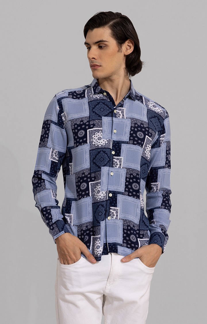 Men's Blue Rayon Printed Casual Shirt