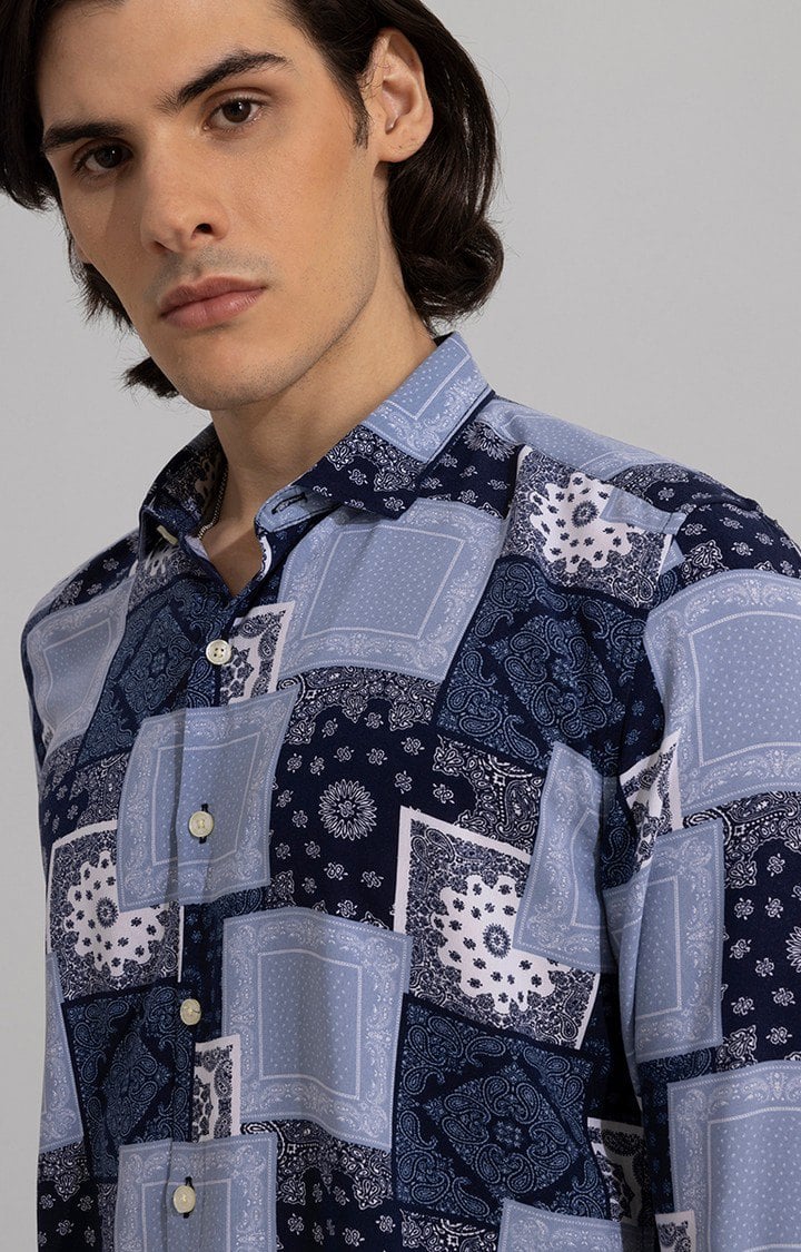 Men's Blue Rayon Printed Casual Shirt