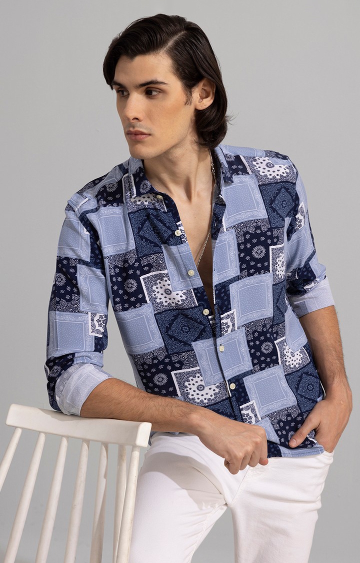 Men's Blue Rayon Printed Casual Shirt