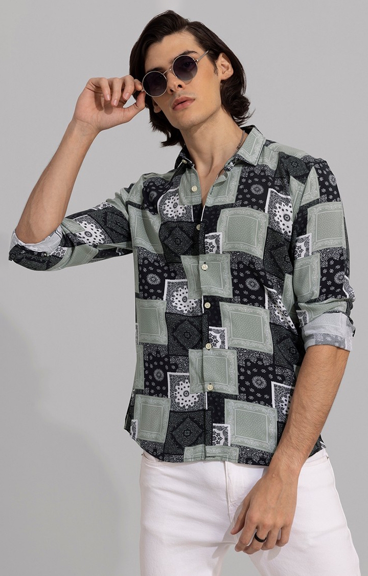 Men's Green and Black Rayon Printed Casual Shirt
