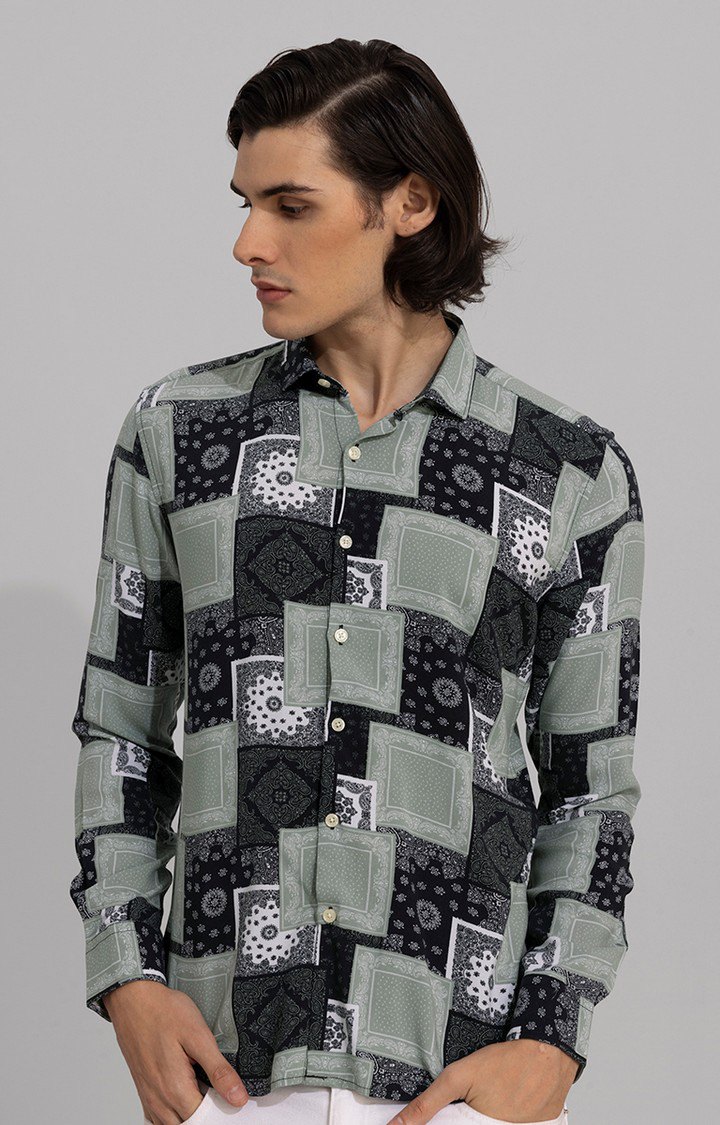 Men's Green and Black Rayon Printed Casual Shirt