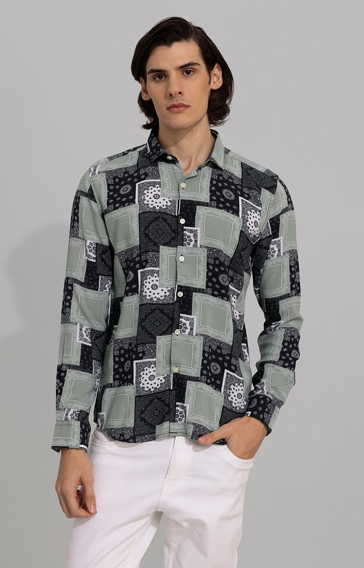 SNITCH | Men's Green and Black Rayon Printed Casual Shirt
