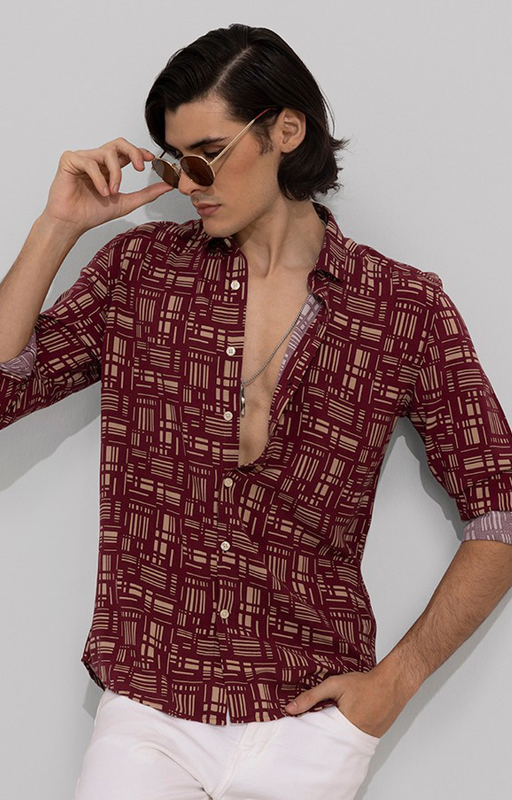 Men's Red Rayon Printed Casual Shirt