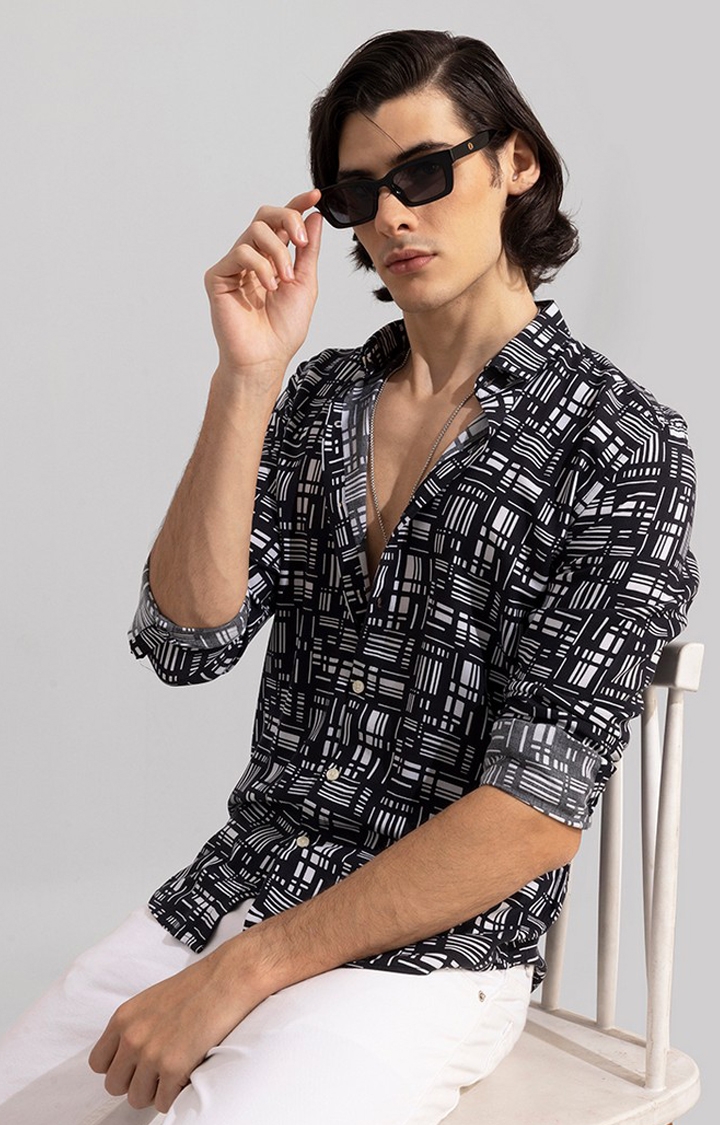 SNITCH | Men's Black and White Rayon Printed Casual Shirt 1