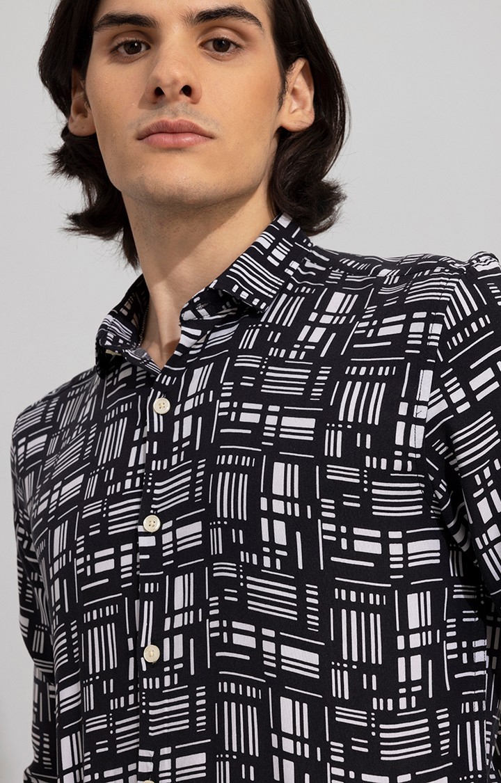 SNITCH | Men's Black and White Rayon Printed Casual Shirt 4