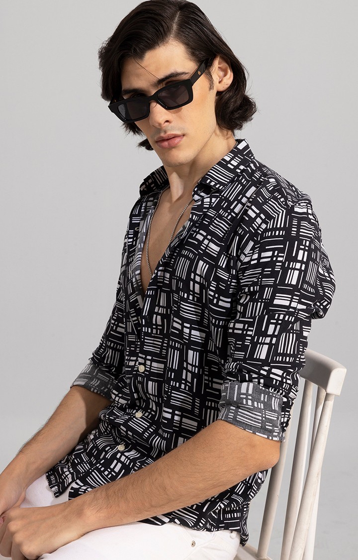 SNITCH | Men's Black and White Rayon Printed Casual Shirt 2