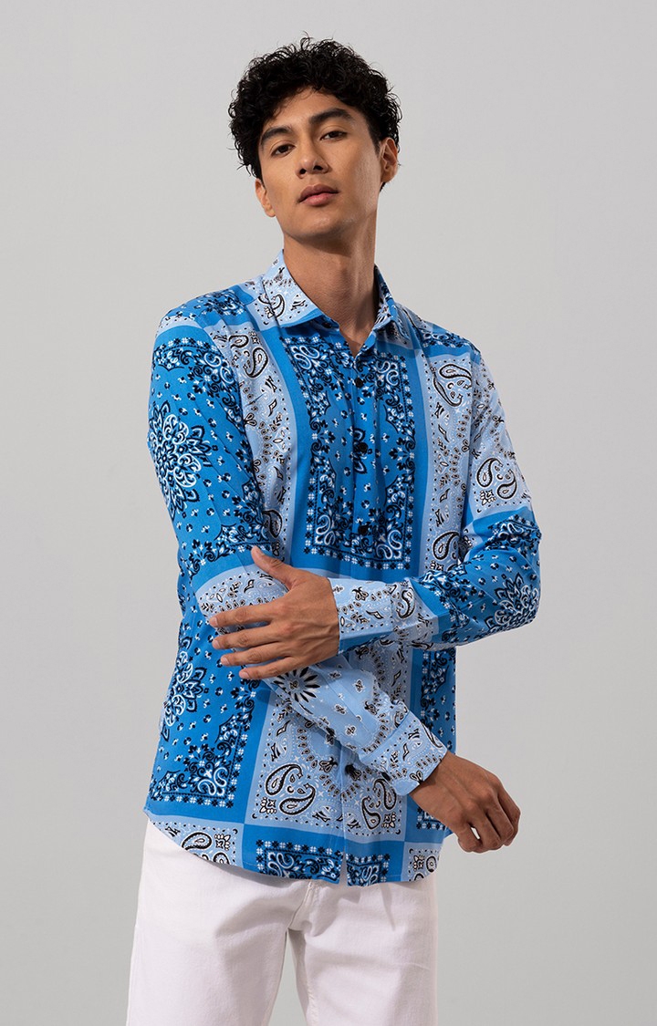 SNITCH | Men's Blue Rayon Printed Casual Shirt