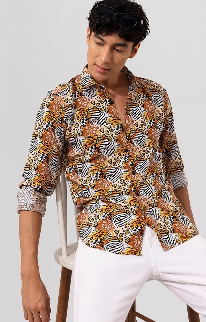 Men's Orange Rayon Printed Casual Shirt