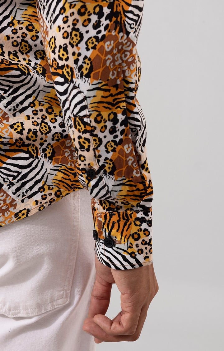 Men's Orange Rayon Printed Casual Shirt
