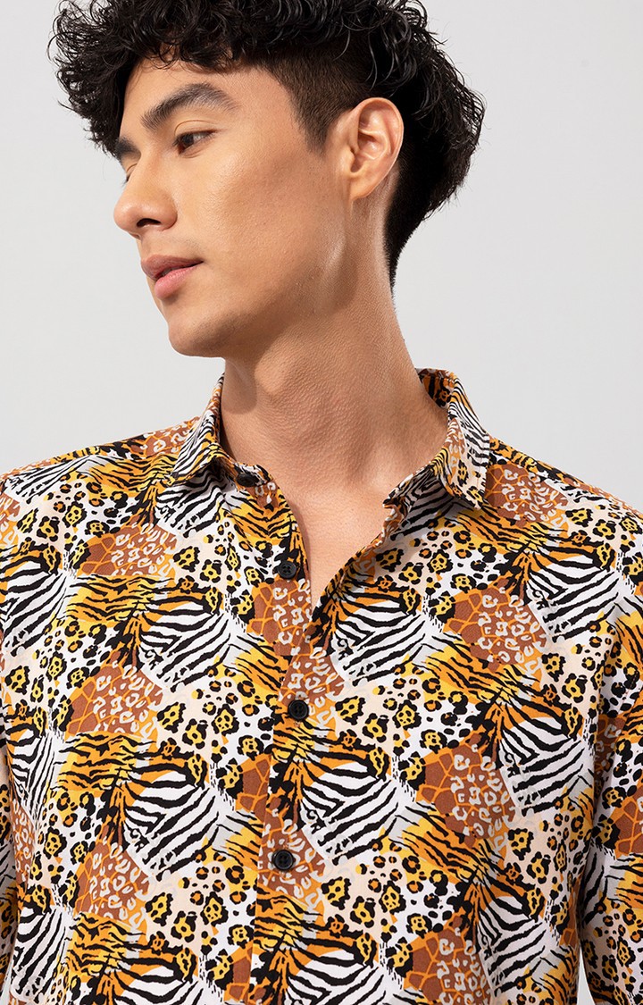 Men's Orange Rayon Printed Casual Shirt