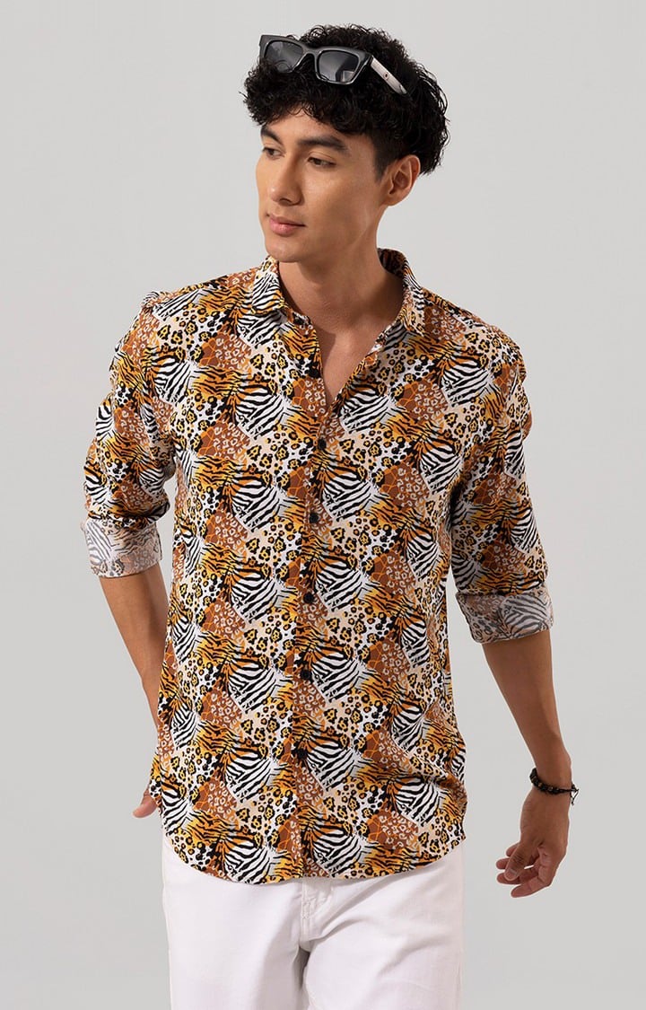 Men's Orange Rayon Printed Casual Shirt