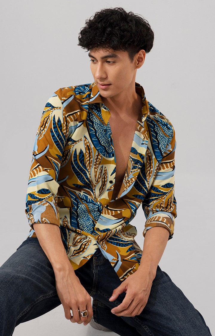 Men's Blue and Khaki Rayon Printed Casual Shirt