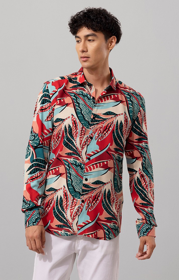 SNITCH | Men's Red Rayon Printed Casual Shirt 1