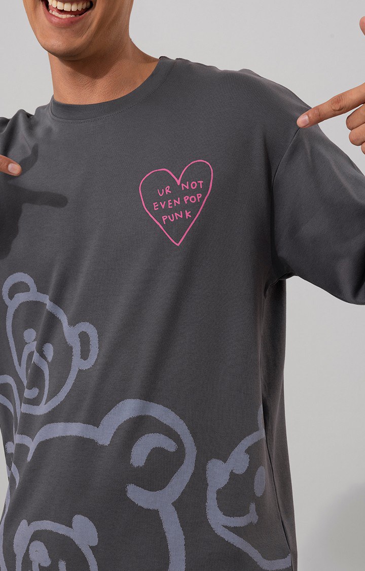 Men's Grey Cotton Graphic Printed Oversized T-Shirt