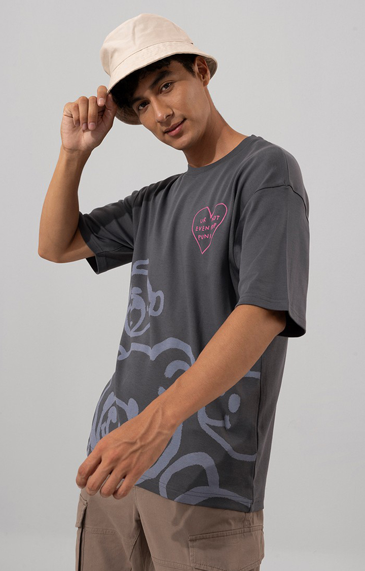 Men's Grey Cotton Graphic Printed Oversized T-Shirt