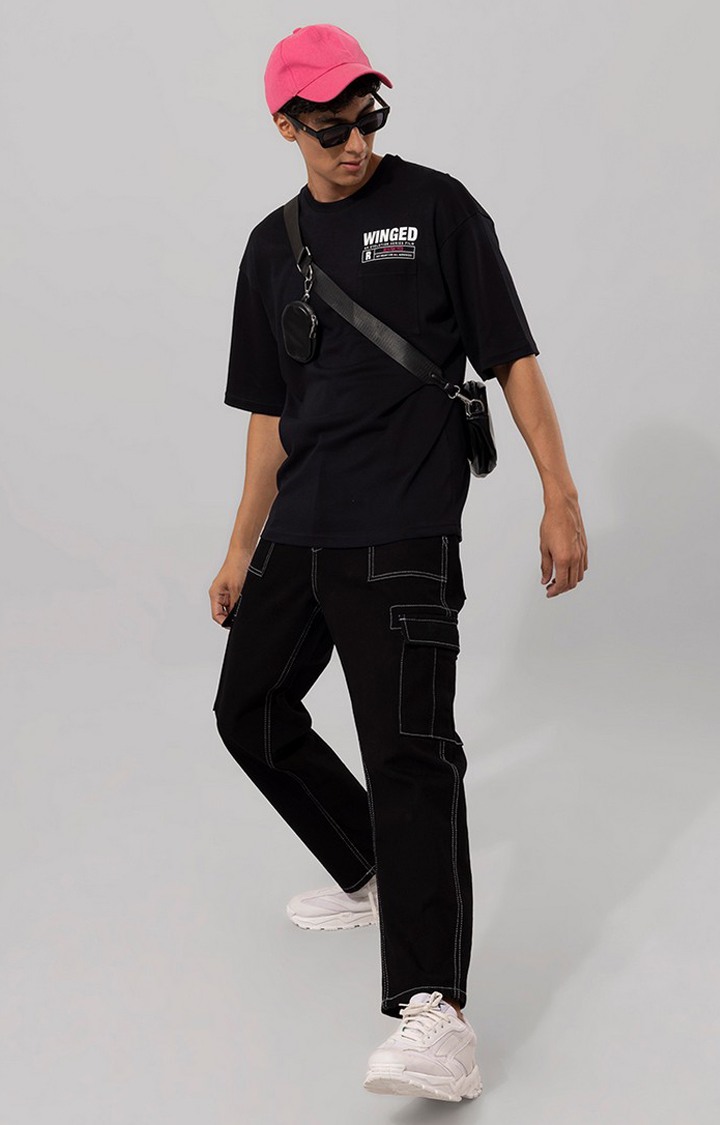 Men's Black Cotton Graphic Printed Oversized T-Shirt