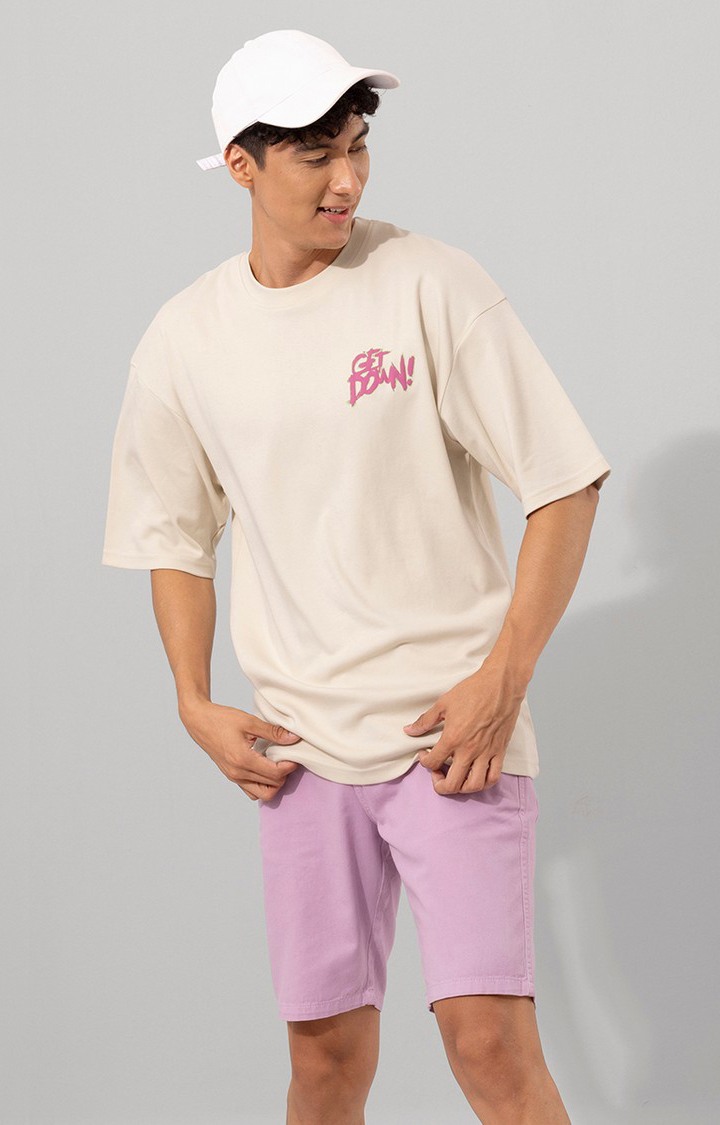 Men's Beige Cotton Graphic Printed Oversized T-Shirt