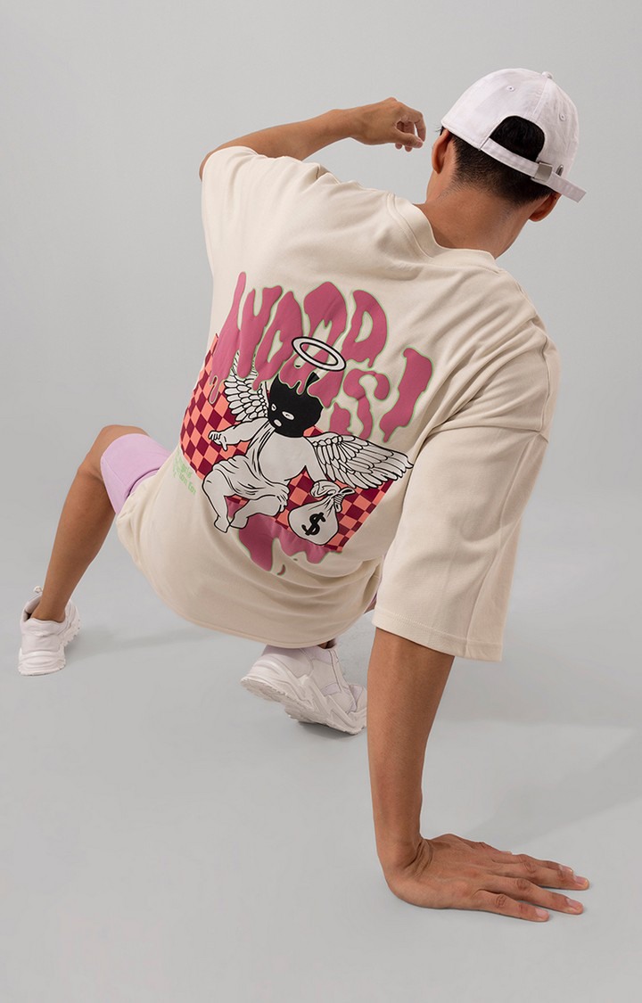Men's Beige Cotton Graphic Printed Oversized T-Shirt