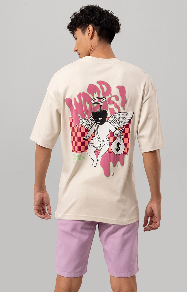 SNITCH | Men's Beige Cotton Graphic Printed Oversized T-Shirt