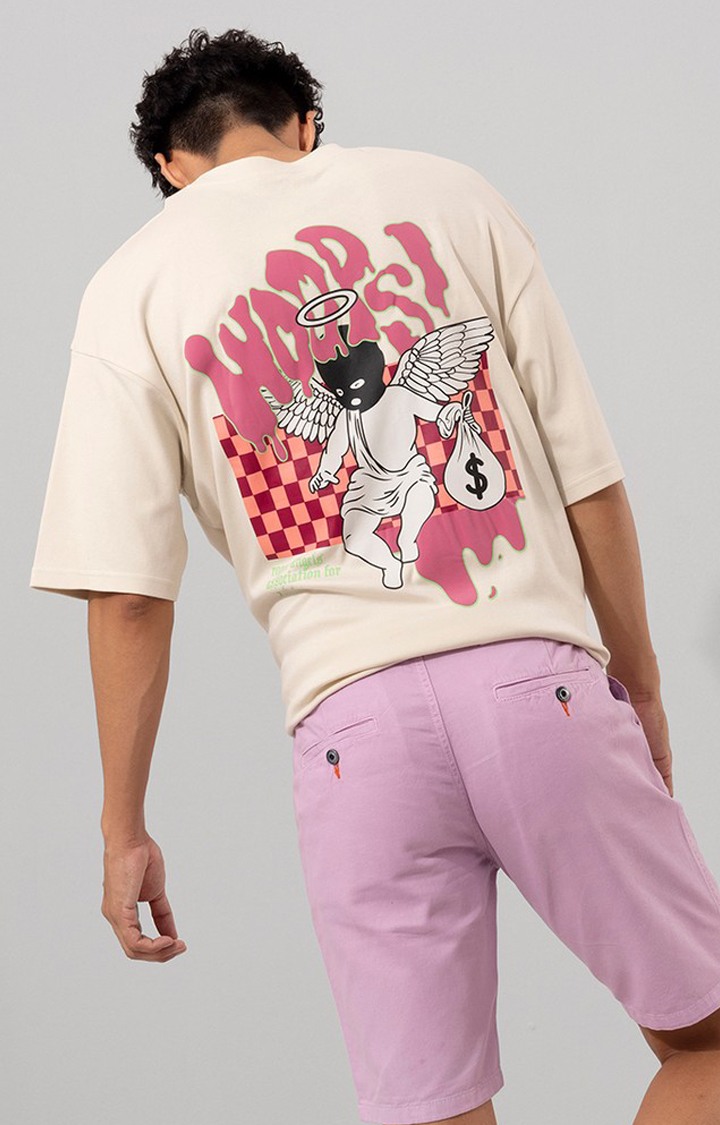 Men's Beige Cotton Graphic Printed Oversized T-Shirt