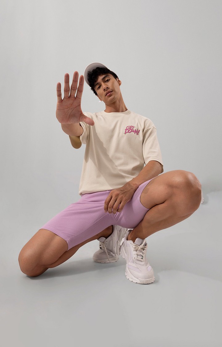 Men's Beige Cotton Graphic Printed Oversized T-Shirt