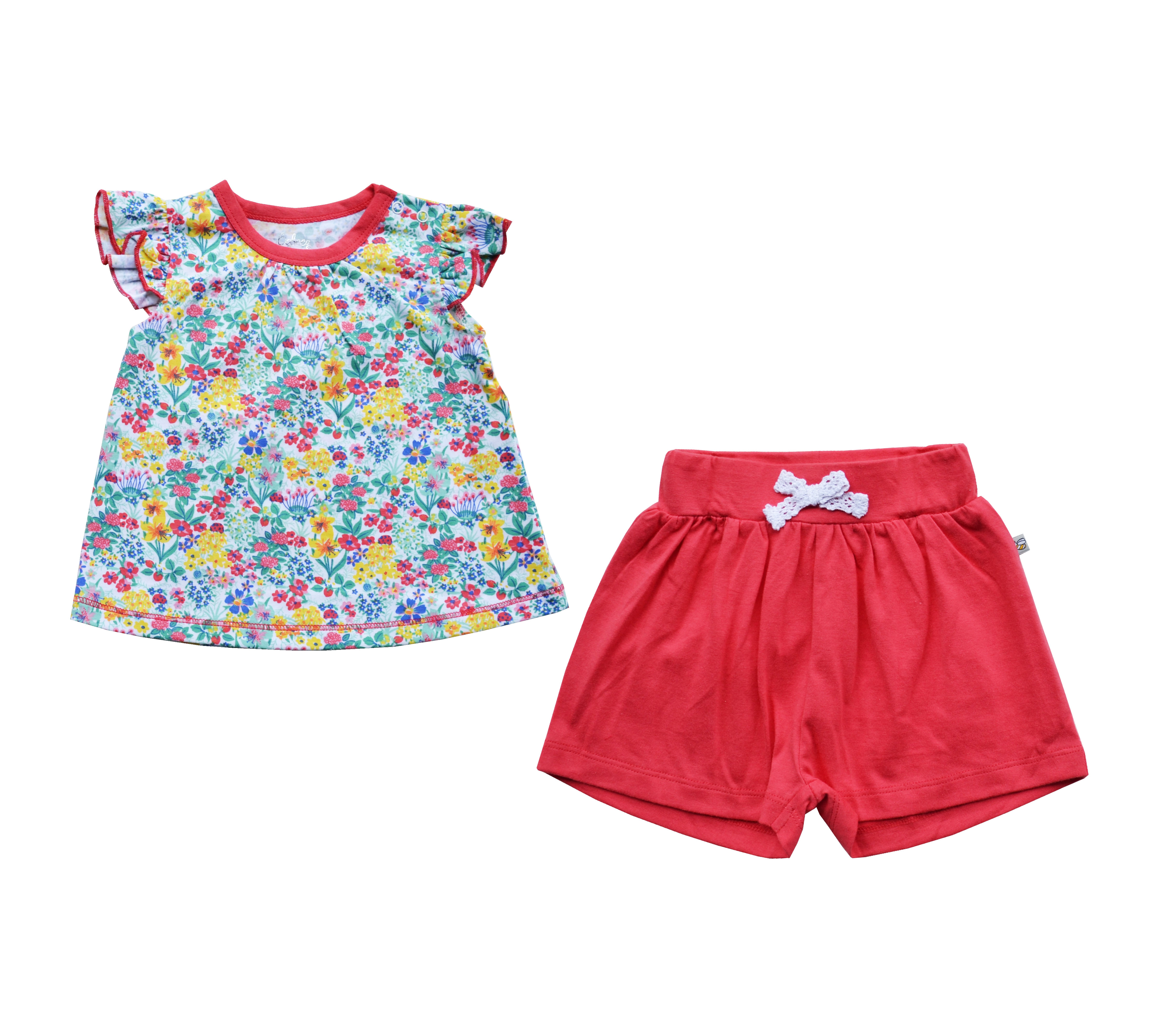 Allover Multicolored Flower Top + Red Shorty Set (100% Cotton Single Jersey)