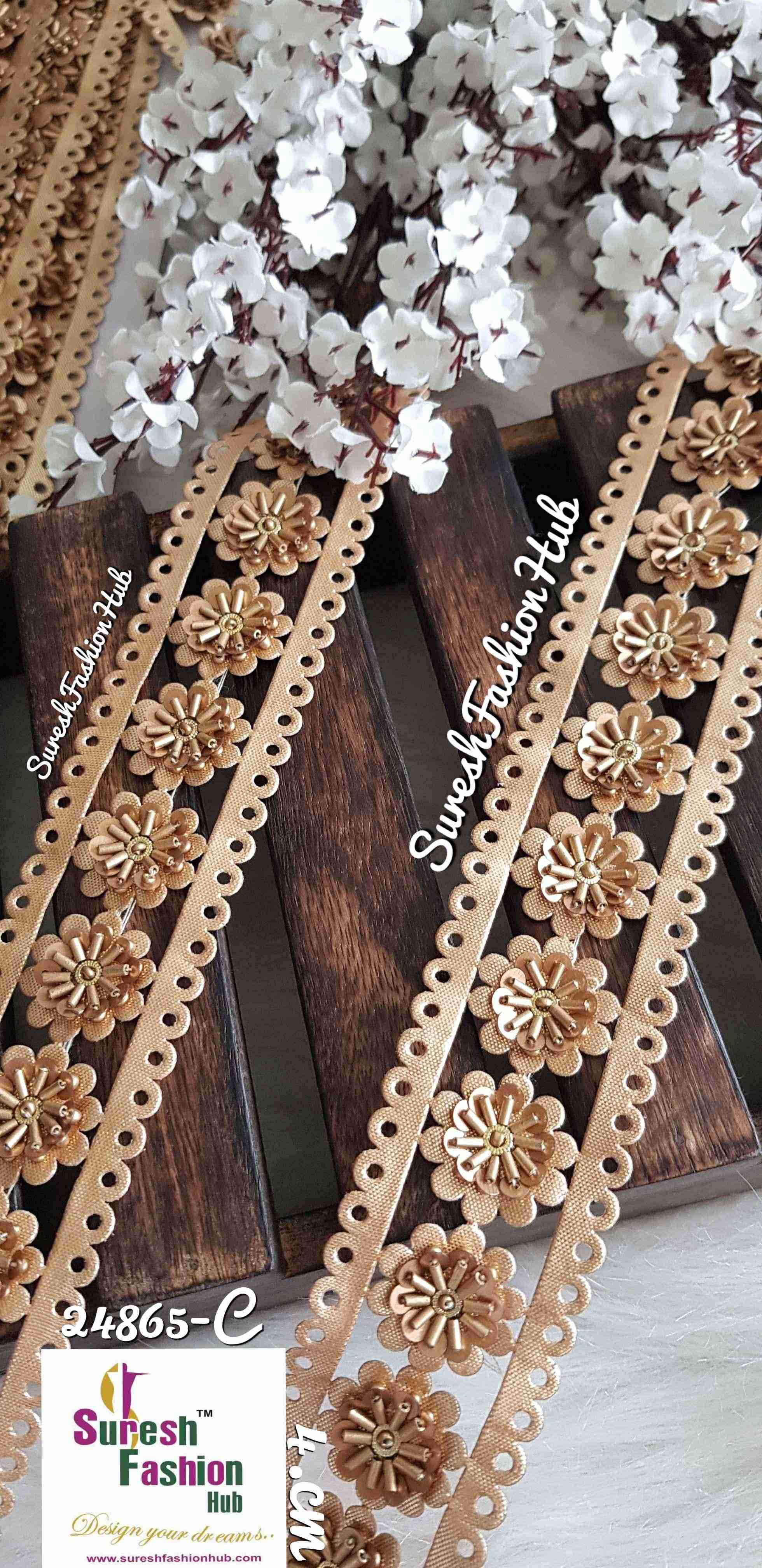 Pearl Gold with Cutdana Flowers Designer Trim
