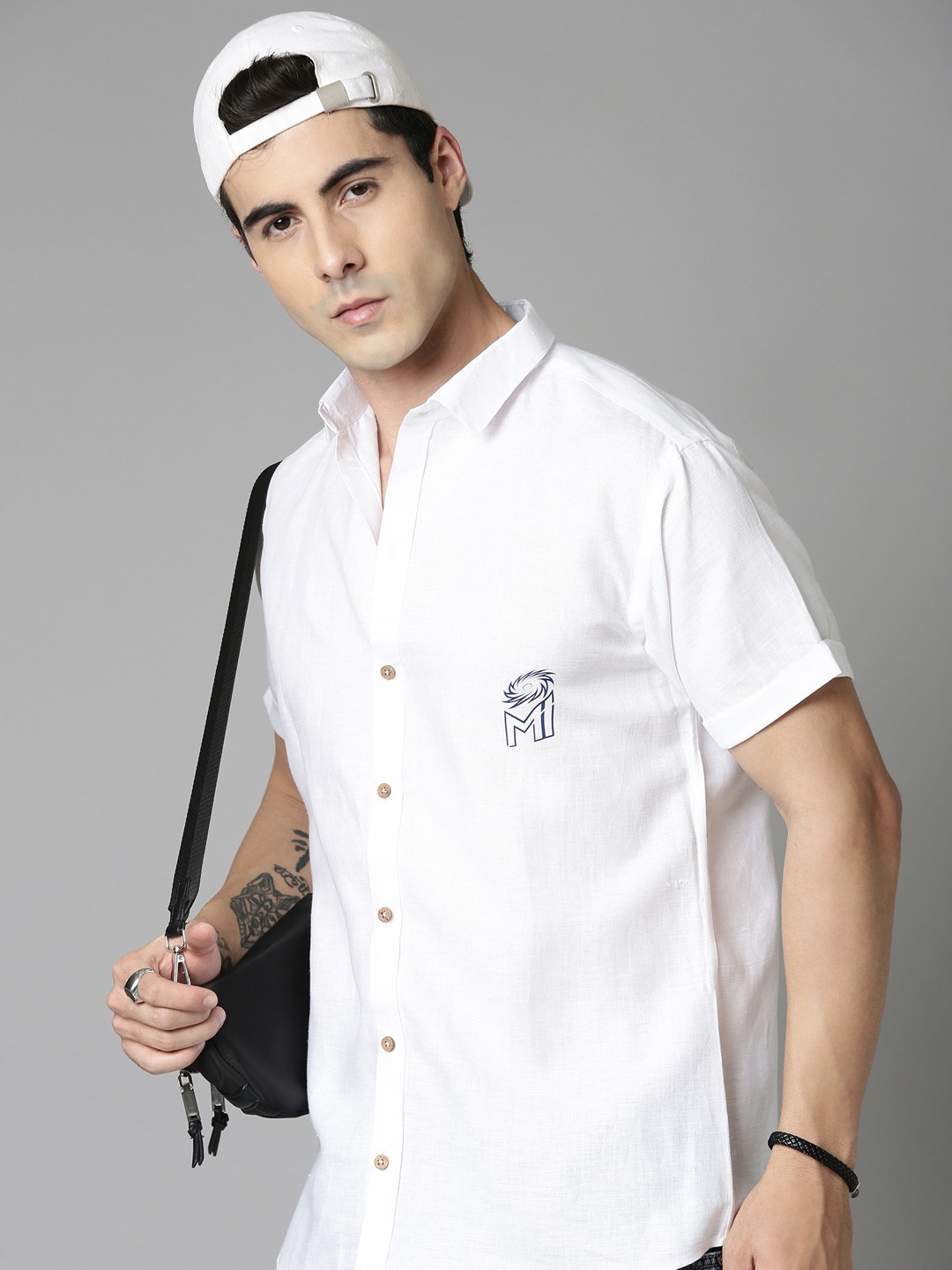 MI: Men White Back Printed Hemp Half Sleeves Shirt