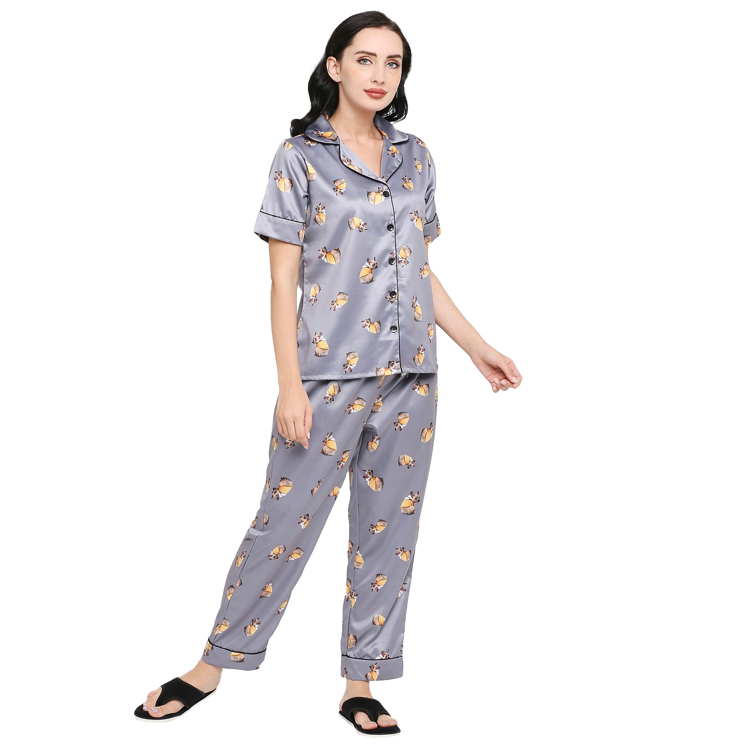 Smarty Pants women's silk satin grey color dog printed night suit.